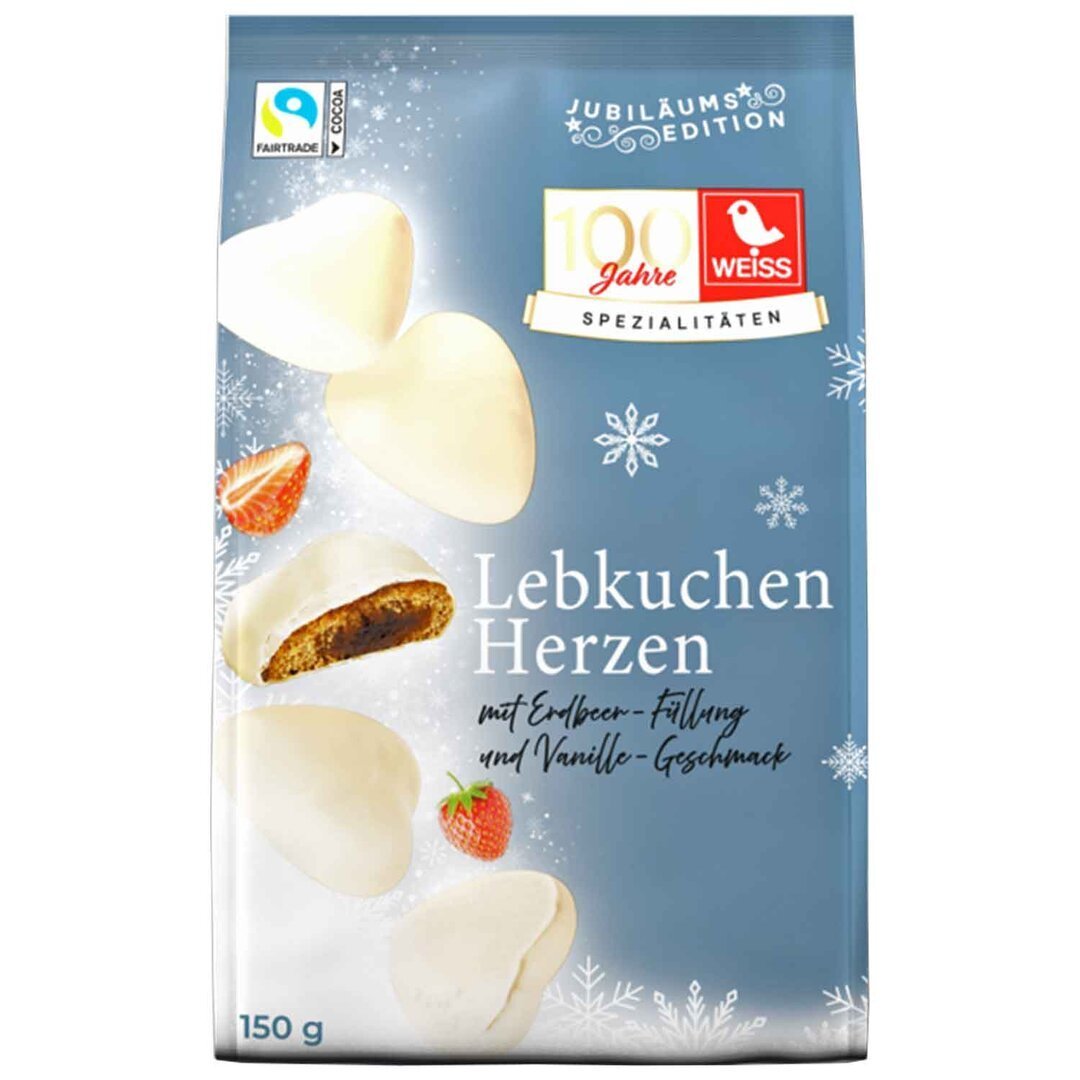 Weiss fylte Lebkuchen-hjerter jordbær-vanilje med hvit sjokolade, 150 g - LUNVERK